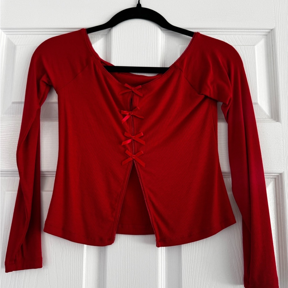 Pac Sun Est.PAC red Front‎ Bow Crop Top long sleeve ribbed size S NWOT